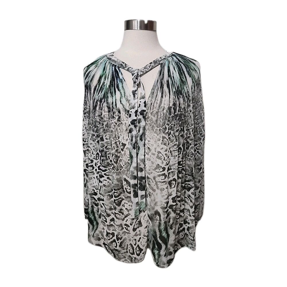 Jennifer Lopez Top 1X Semi-Sheer Boho Pleated Tie Neck Long Sleeve Cheetah Flowy